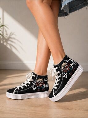 Anime Bakugo hightop sneakers black white canvas shoes NWOT size EU 35 Geek Chic